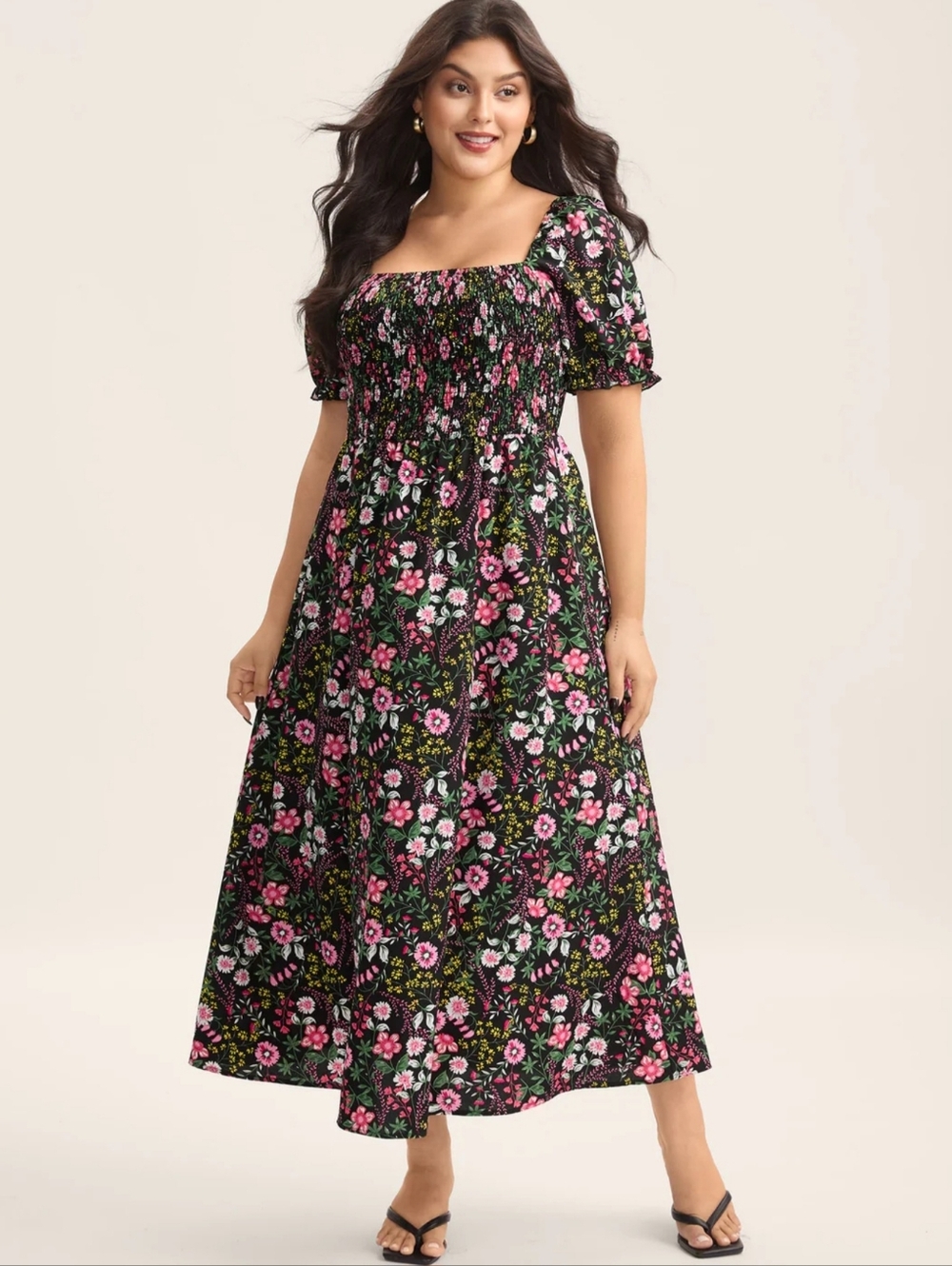 Bloom Chic Floral Square-Neck Smocked  Maxi Dress